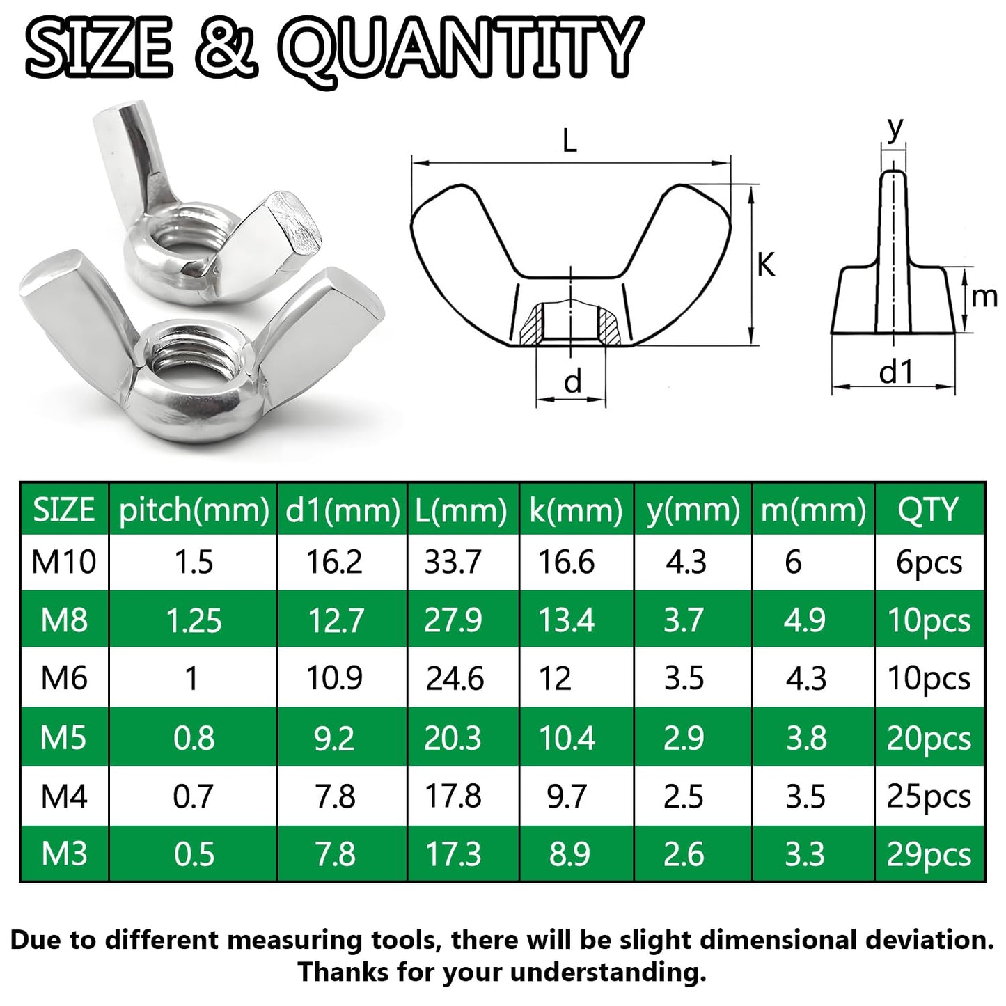 Aienxn 100PCS Metric Sizes Wing Nuts Assortment Kit, 304 Stainless Steel M3, M4, M5, M6, M8, M10, Parts Butterfly Wing Nut, Wingnuts Fasteners