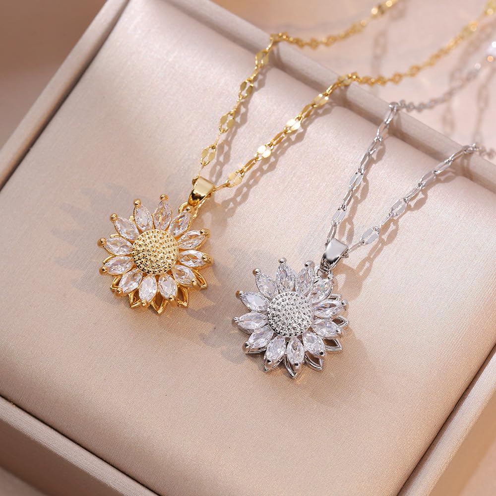 KONPJE Sunflower Fidget Necklace for Women Gold Moon Necklace Rotating Heart Necklaces Spinning Crystal Sunflower Anxiety Necklaces Crescent Moons Jewelry Accessories (Star)