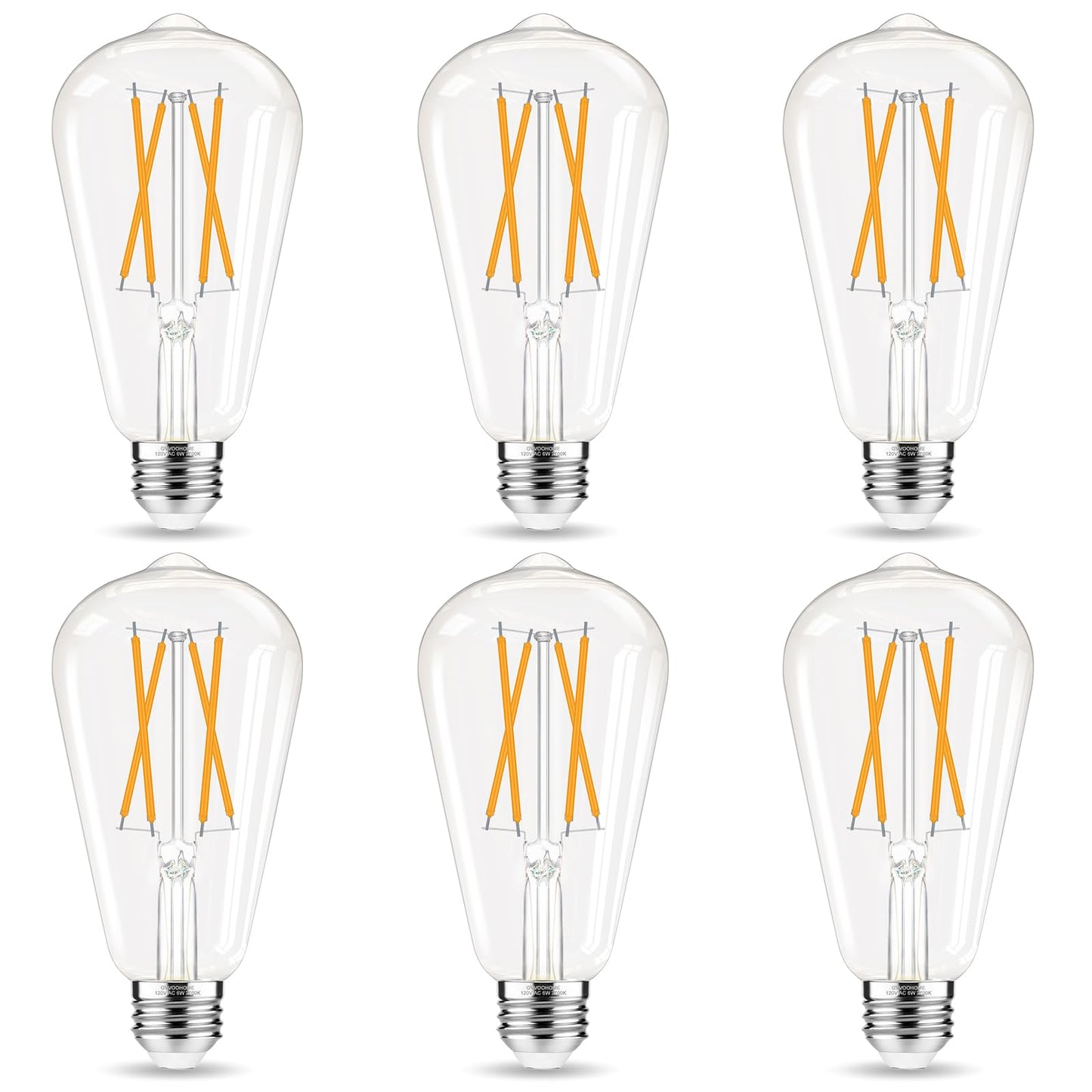 GvvooHome LED Edison Bulbs, E26 Bulb 60 watt Equivalent, Non-Dimmable, Soft White 2700K, ST58 Vintage Light Bulbs, 90+ CRI, 6W 600LM, E26 Medium Base, Clear Glass, 6 Pack