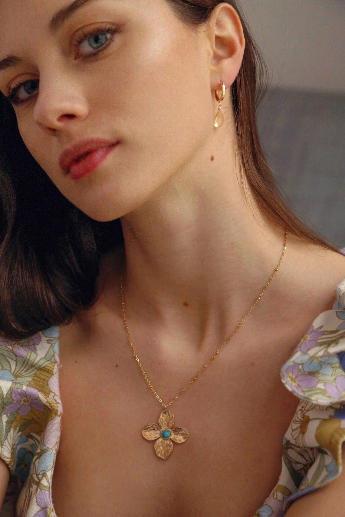 PEARLADA Gold Plated Flower Pendant Necklace, Boho Turquoise Bead Cross Necklace, Adjustable Vacation Summer Jewelry for Women