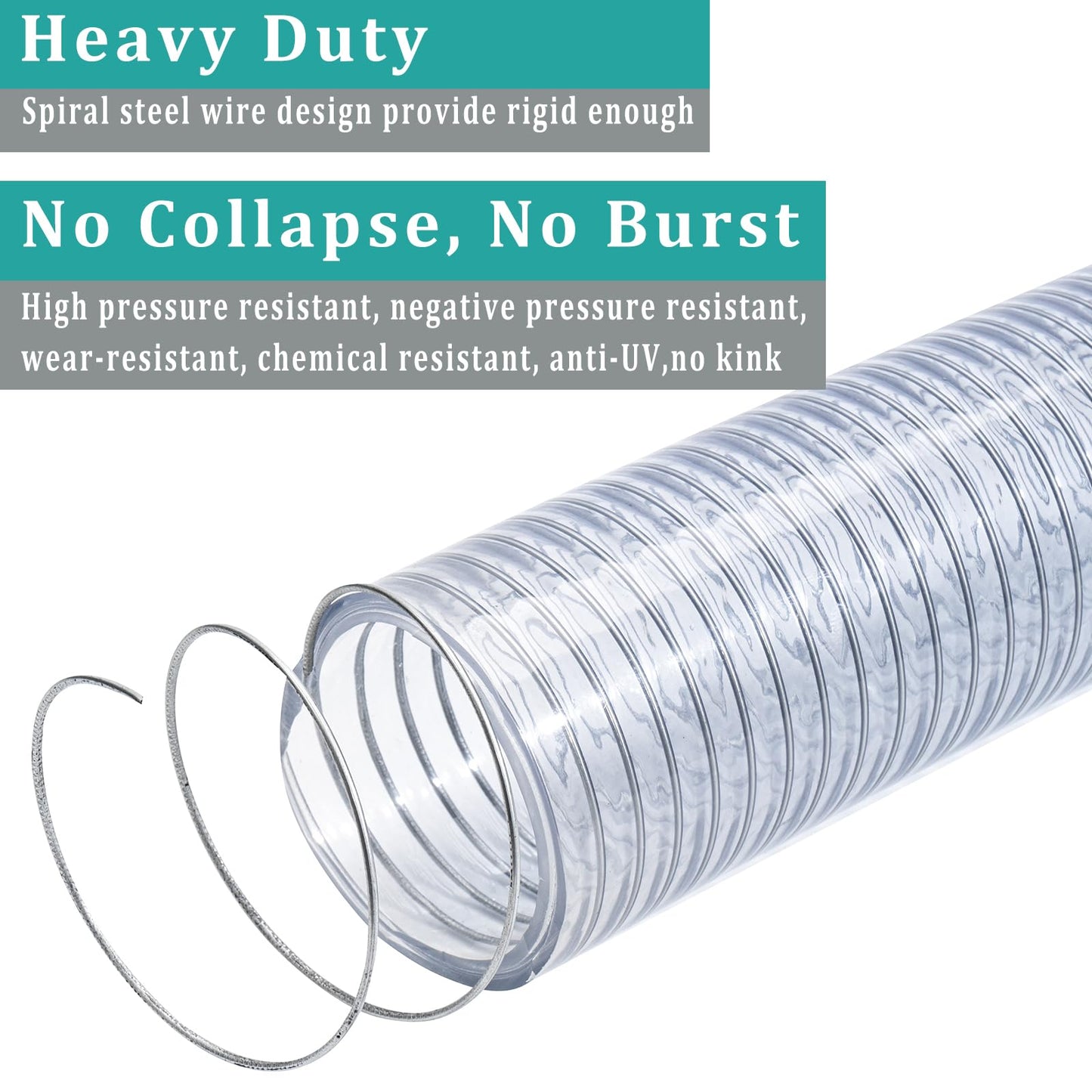 ZY-hosetube Wire Reinforced Hose 1" id - 25ft Clear Heavy Duty Suction Line Plastic Flexible Vinyl Tubing with Spiral Steel Wire, Drain Water Fuel Powder for Boat Marine Bilge Pump, with 2 clamps