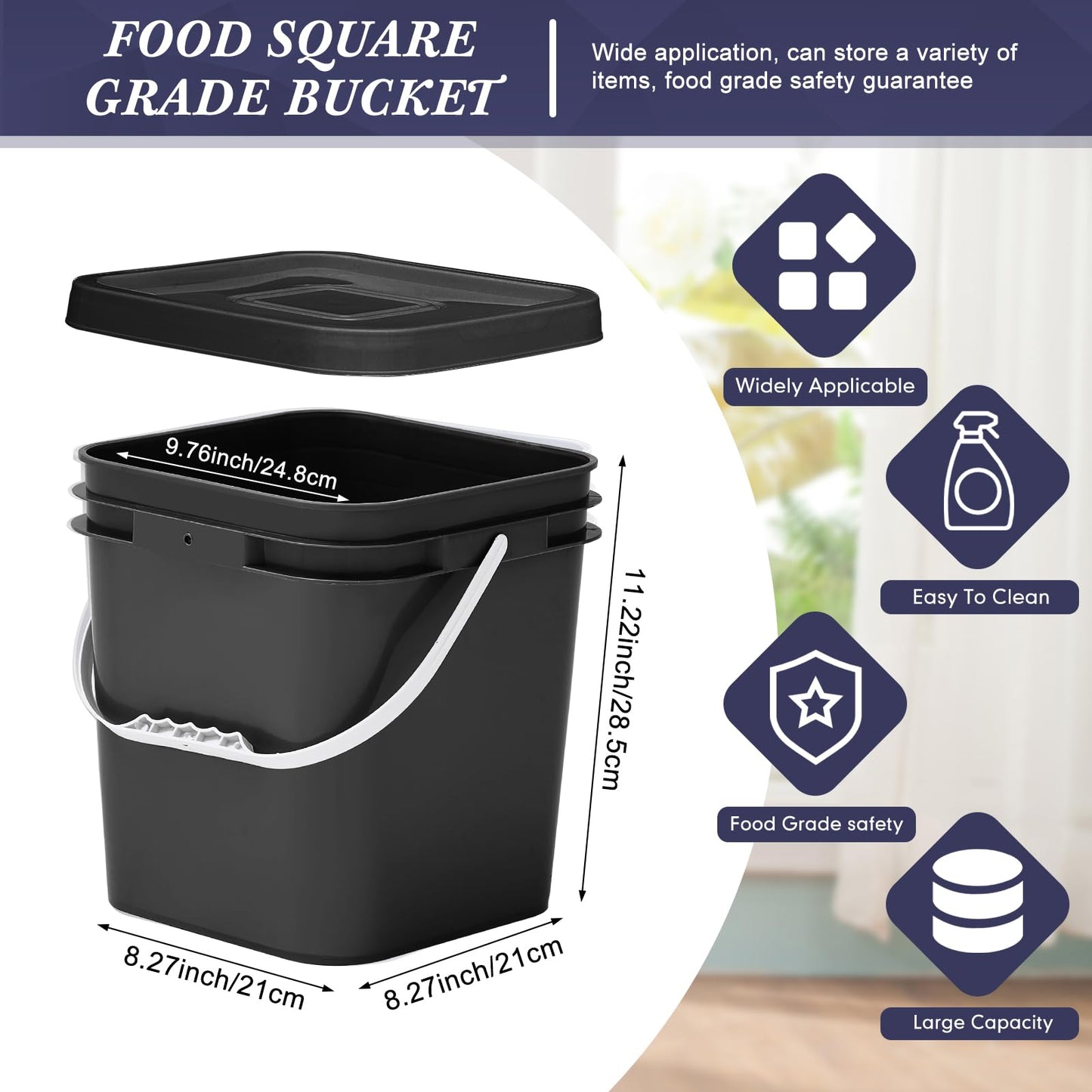 Mumufy 3 Pcs 3.5 Gallon Square Food Grade Bucket with Lid Square Bucket Pail Plastic Handles for Long Term Food Storage, Camping, Fishing, Home Organization Easy Stack and Store (Black)