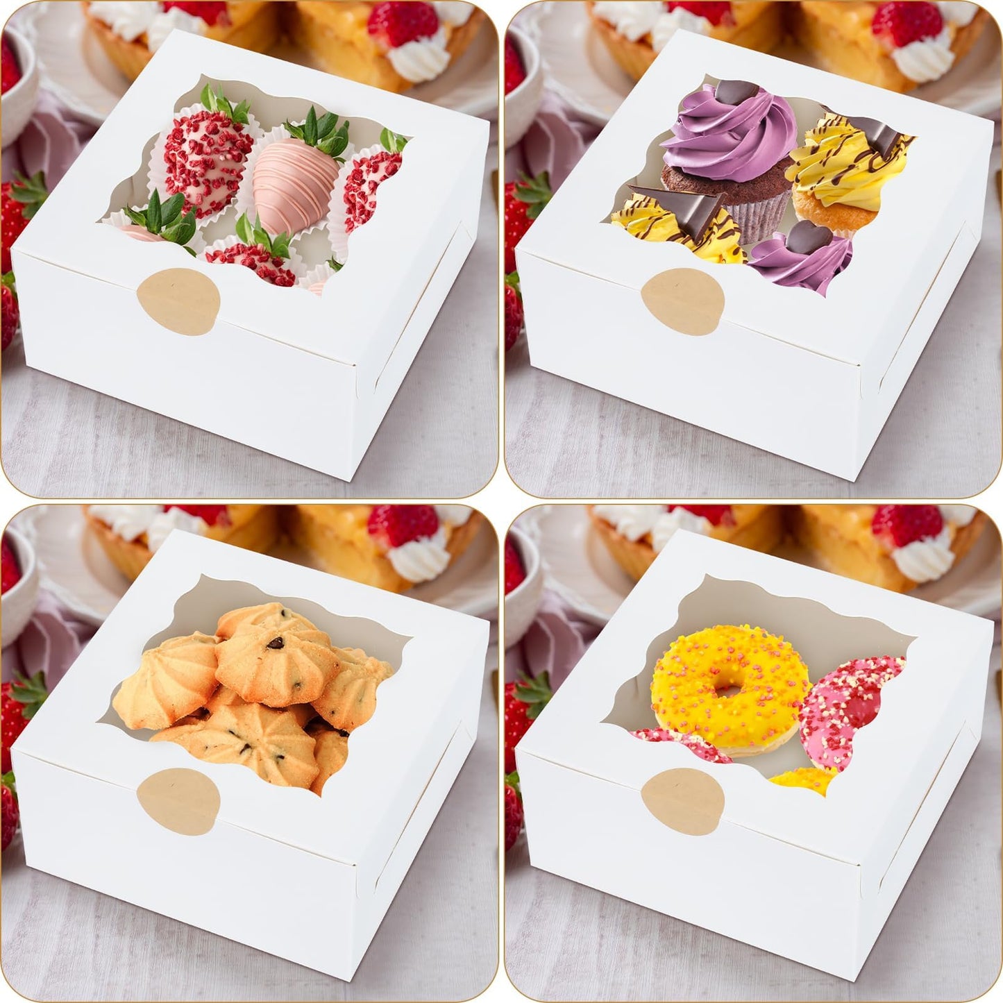 HawHawToys 60 Pcs Bakery Boxes with Window, 6 x 6 x 3 Inches, White Cookie & Pastry Boxes for Baked Goods