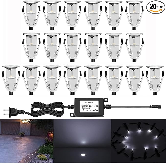 0.7" Tiny Recessed LED Deck Lighting Kits 12V Cool White Waterproof IP67,Led In Ground Lights for Steps,Stair,Patio,Floor,Pool Deck,Kitchen,Outdoor Low Voltage LED Landscape Lighting(20pcs)