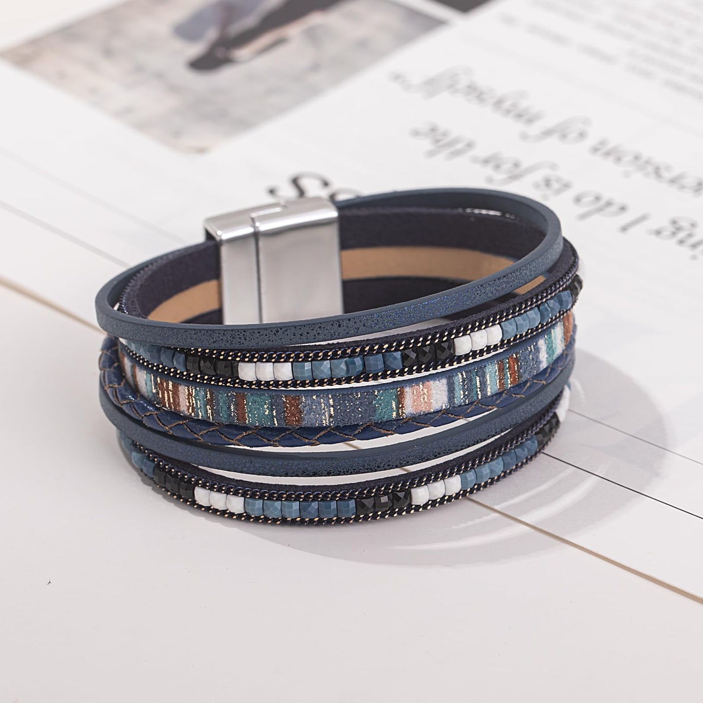 FANCY SHINY Boho Leather Wrap Bracelets Trendy Layered Bracelets with Magnetic Clasp Strackable Bohemian Cuff Jewelry Gifts for Women(Navy Blue)