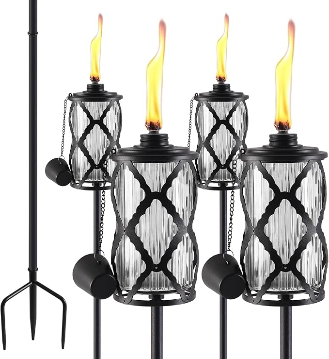 4 Pack Glass Citronella Torches, 16 oz Garden Torches for Outside, 55 inch Outdoor Clear Glass Citronella Torches with 3-Prong Grounded Stake for Garden, Patio, Party, Landscape Decor