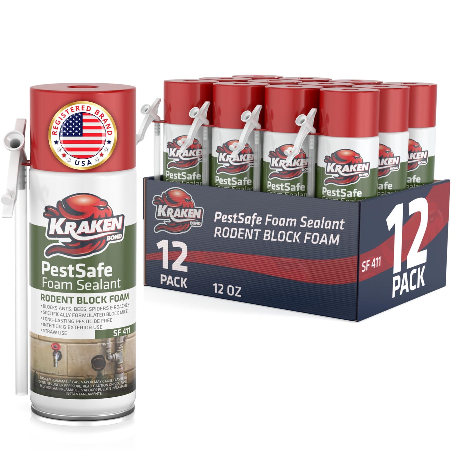 Kraken Bond Pestblokc Spray Foam Sealant - (12x12oz) Polyurethane Expanding Foam Sealant for Gaps & Cracks with Mothball Odor, Straw-Application, Paintable Foam Filler for Wall Holes - 12 Pack
