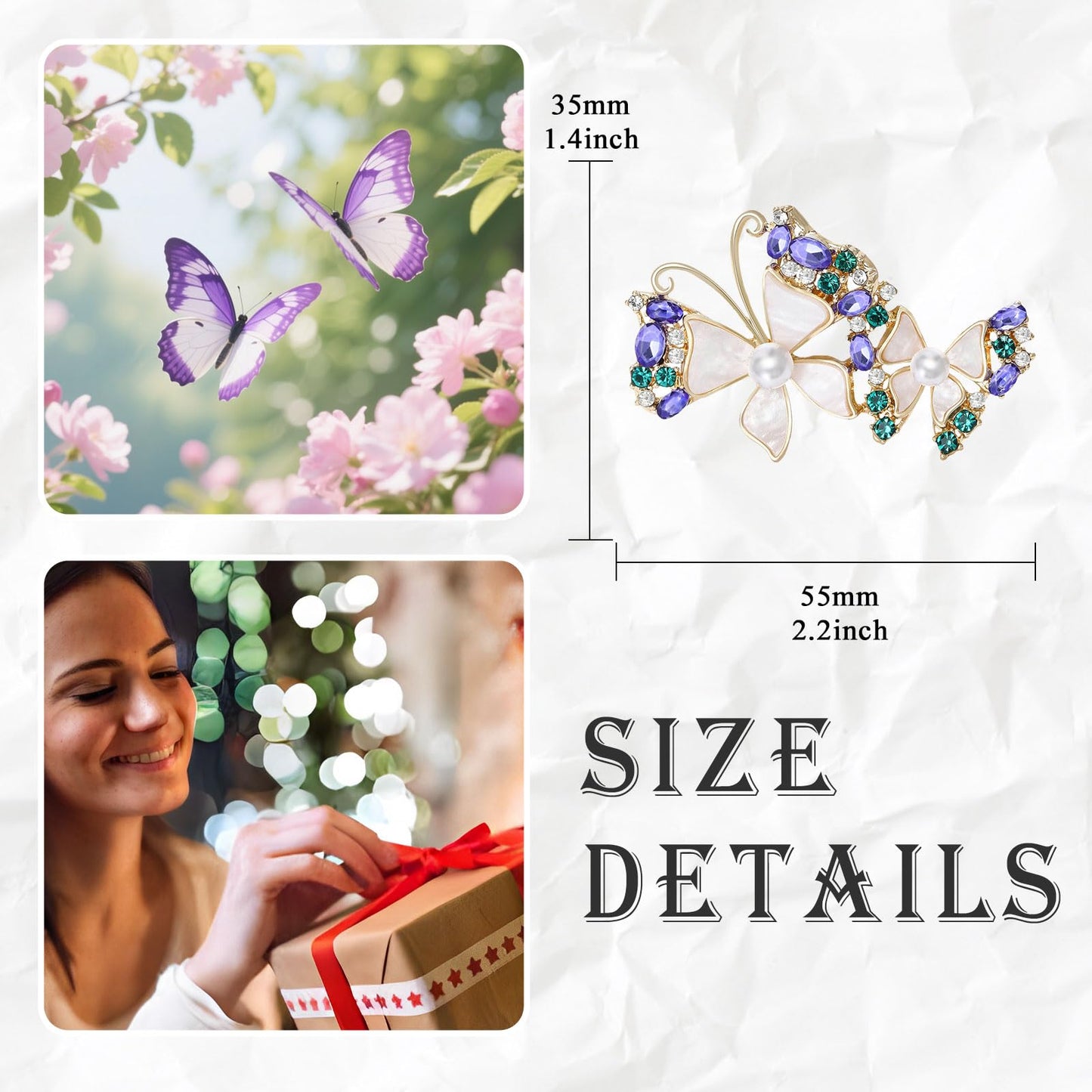 Butterfly Brooch for Women White Shell Purple Zirconia Butterfly Pin Animal Insect Brooch Birthday Holiday Gift for Girlfriend Wife Mother