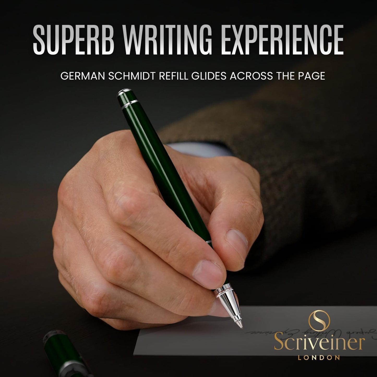 Scriveiner British Racing Green Rollerball - Stunning Luxury Pen With Chrome Finish, Schmidt Ink Refill, Best Roller Ball Pen Gift Set for Men & Women, Professional, Executive Office, Nice Pens