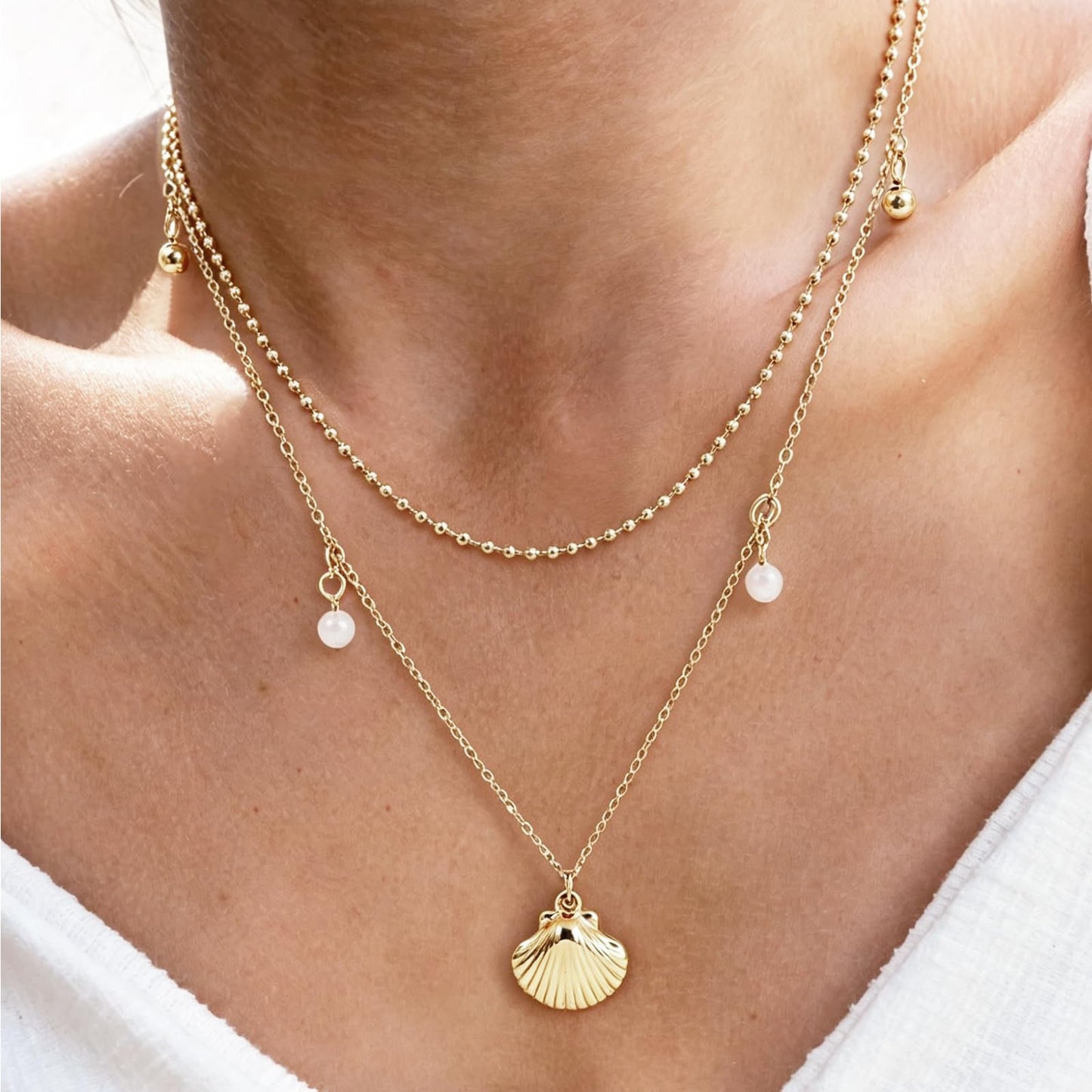 Starfish Shell Necklace for Women,14k Gold Plated Silver Layered SeaShell Pearl Pendant Charm Necklaces Dainty Non Tarnish Adjustable Waterproof Beaded Necklace Stack Jewelry for Summer Beach Vacation (Gold Shell Necklace)