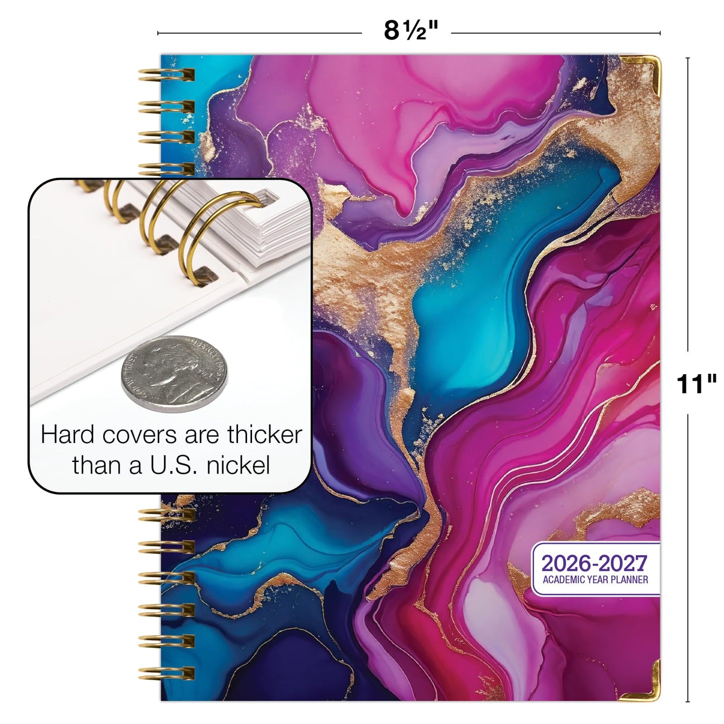 HARDCOVER Academic Year 2026-2027 Planner: 14 Months (May 2026 Through June 2027) 8.5"x 11" Daily Weekly Monthly Planner Yearly Agenda. Bookmark, Pocket Folder and Sticky Note Set (Pink Purple Marble)