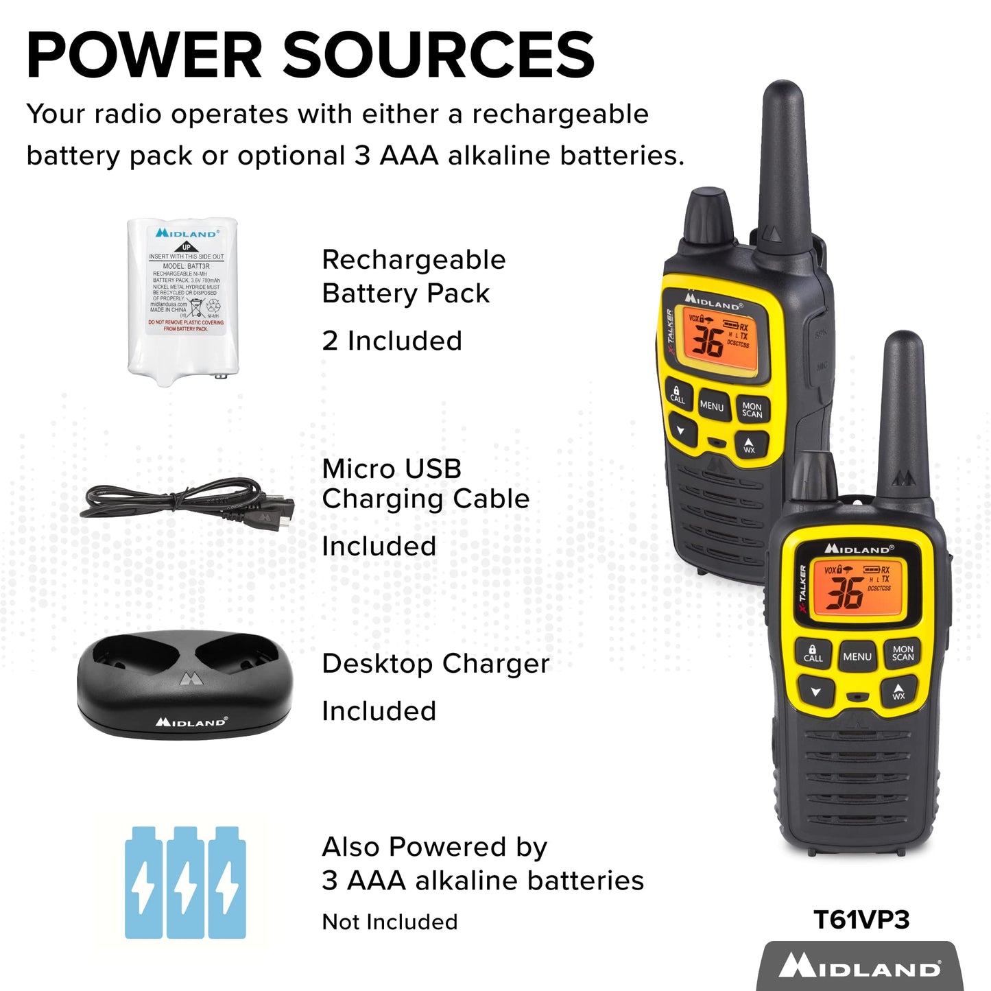 Midland® - T61VP3 X-TALKER - Two-Way Radio - 36 Channel FRS- Long Range Walkie Talkie, 121 Privacy Codes, & NOAA Weather Scan & Alert Black/Yellow, 2-Pack