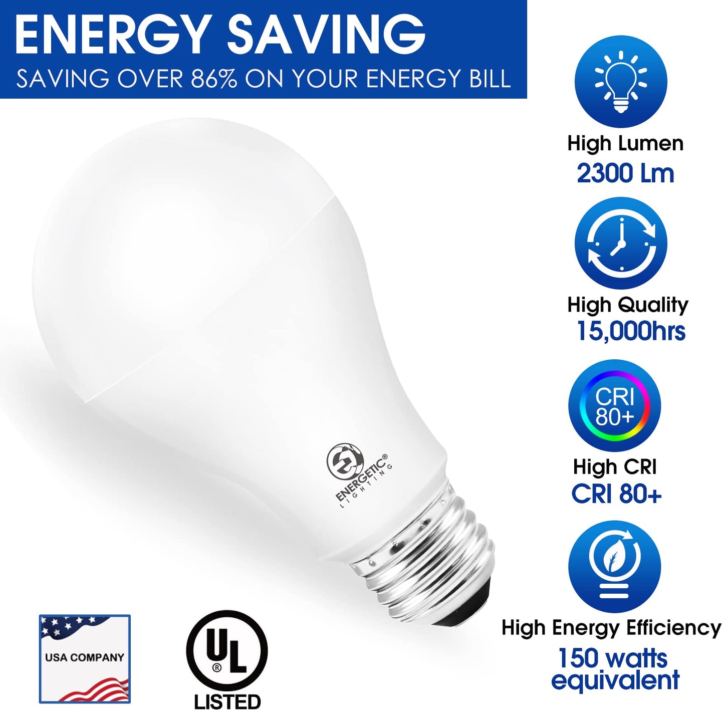 E ENERGETIC LIGHTING 150 Watt LED Light Bulb, Super Bright A21 LED Bulb Cool White 4000K, Non-Dimmable, 2300lm, High Lumen Light Bulbs, UL Listed, 2 Pack