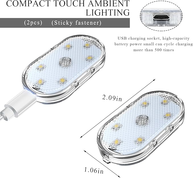 2 PCS Car LED Lights Interior Wireless, Magnetic Car Ambient Lighting with 6 Bright LED Lamp Beads, Portable USB Rechargeable Vehicle Interior Led Night Light for Car (Ice Blue)
