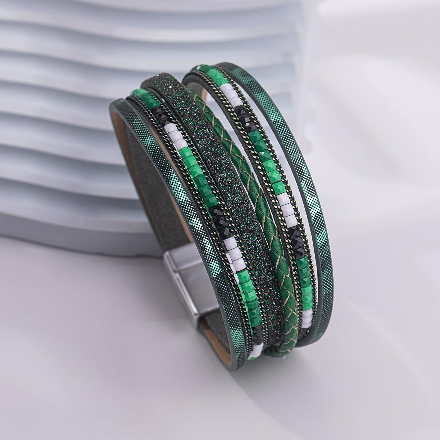 FANCY SHINY Boho Leather Wrap Bracelets Trendy Layered Bracelets with Magnetic Clasp Strackable Bohemian Cuff Jewelry Gifts for Women(Green)