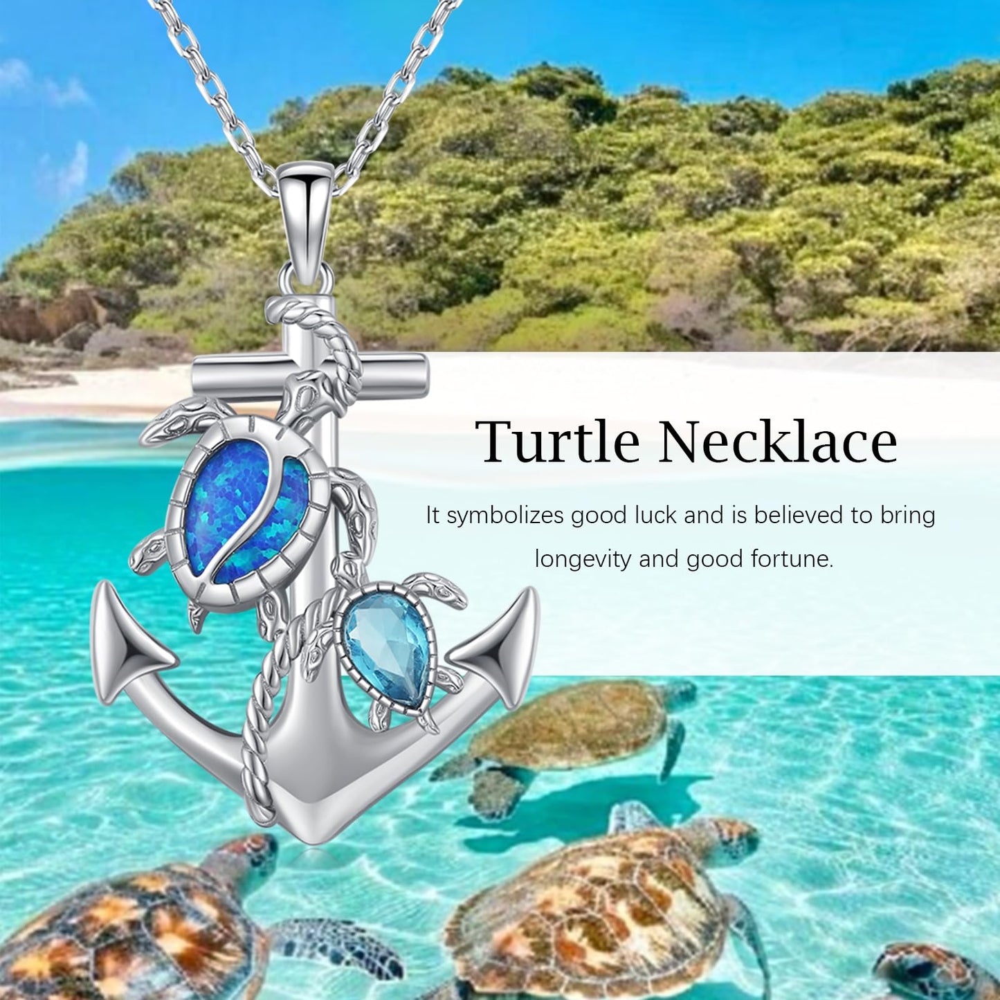 KoyeKei Sea Turtle Necklaces for Women 925 Sterling Silver Anchor Sea Turtle Necklaces Nautical Pendant with Blue Opal Ocean Beach Themed Jewelry Graduation Gifts for Girlfriend Her Lover