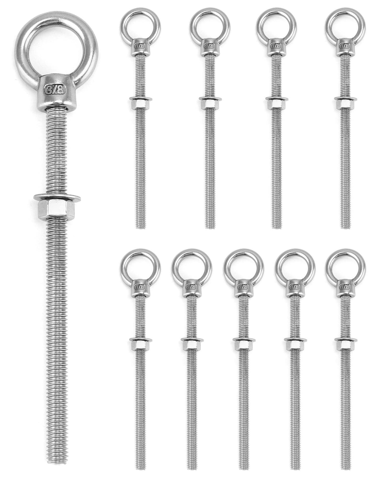 QWORK 3/8"x6" Stainless Steel Shoulder Eye Bolts – 10 Pack Machine Thread Set with Nuts for Metal Frame, Rigging & Cable Mounting