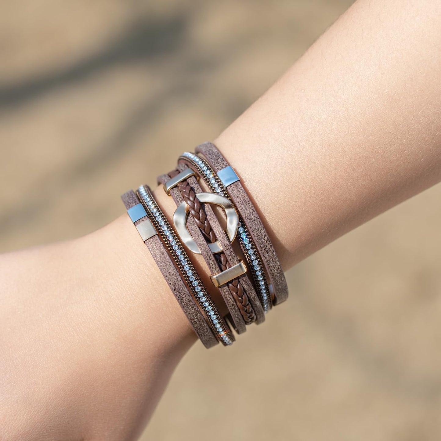 FANCY SHINY Boho Leather Wrap Bracelets Circle Square Bead Braided Handmade Stackable Bracelet Trendy Cuff Bangle for Women(Brown)