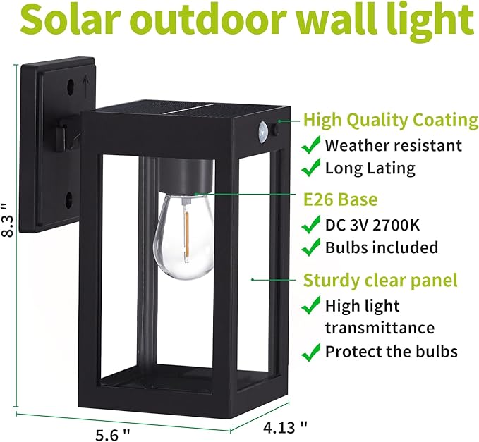 2 Pack Solar Porch Lights Outdoor,Solar Wall Lights with 3 Lighting Modes&Motion Sensor, Dusk to Dawn Sconce Lights Wall Mount,Exterior Wall Lantern Light Fixture for House, Garage,Patio,Shed