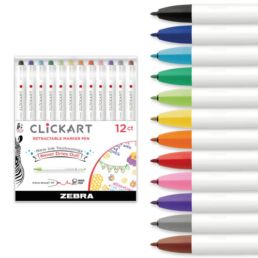 Zebra Pen CLiCKART Retractable Felt Tip Pen, Assorted Ink Colors, 0.6mm Fine Point, Moisture Absorbing to Prevent Drying Out, No Bleed, Ideal for Journaling, Drawing and Writing, 12-Pack (69012)