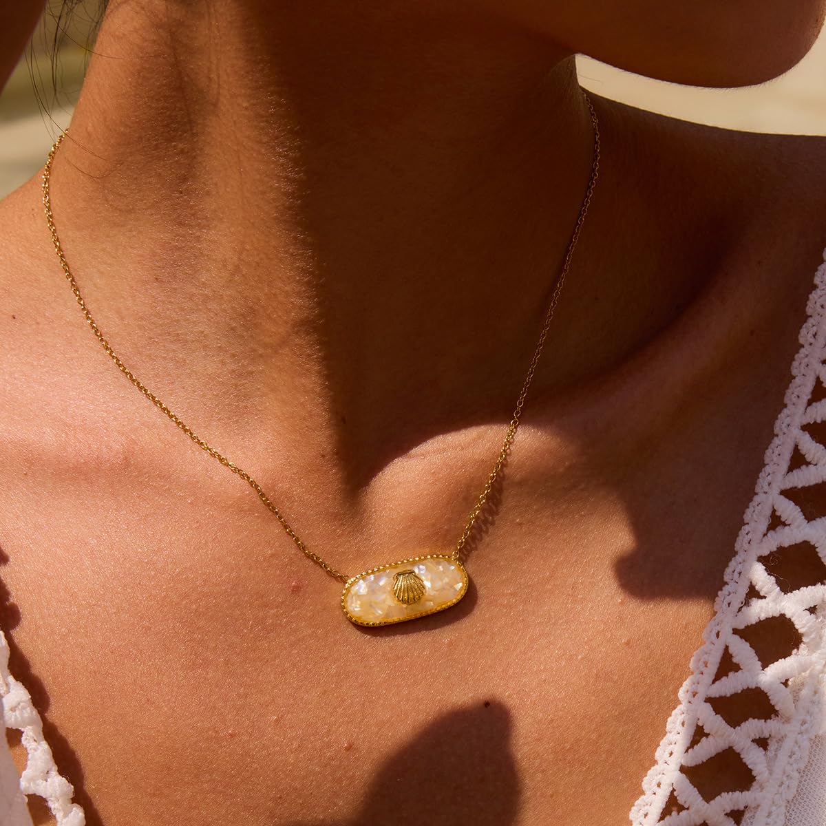 NUZON Enamel Seashell Pendant Necklace for Women Delicate 14K Gold Plated Chain Dangling Oval Inlay Yellow Shell Necklace Ocean Cute Jewelry Gift Adjustable 16''