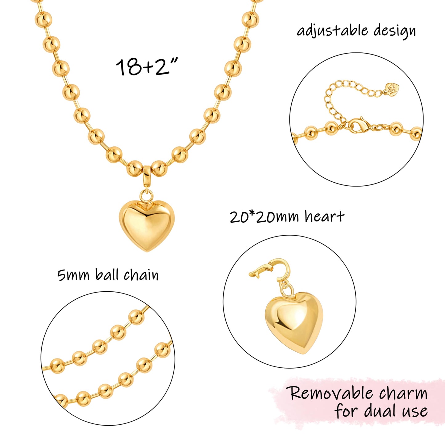PEARLADA Statement Gold Plated Heart Pendant Necklace, Chunky Beaded Ball Chain Necklace, Trendy Jewelry y2k Necklace