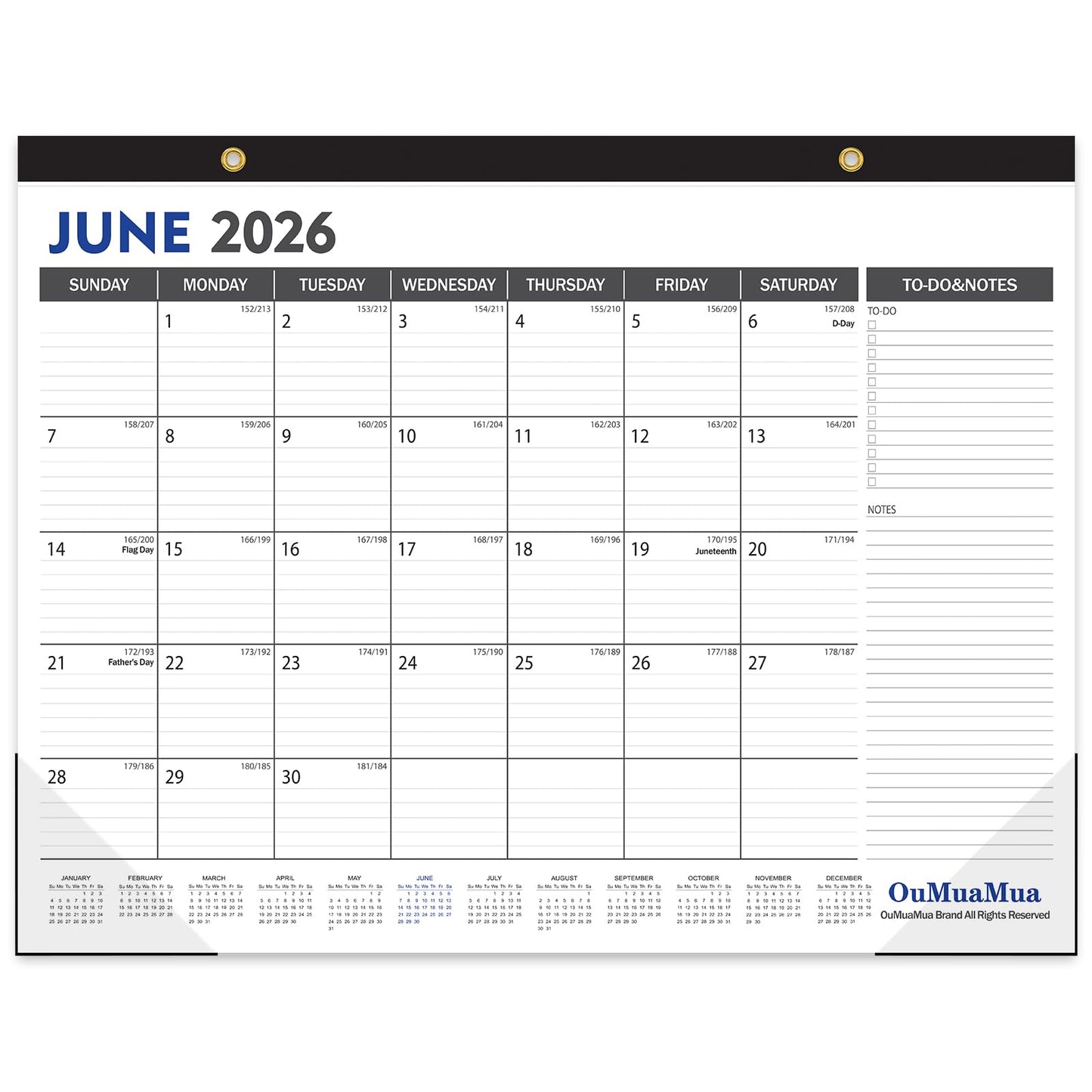 OuMuaMua Large Desk Calendar 2026-2027 - 19 Months from Jun. 2026 through Dec. 2027, 22 x 17 Inches Desktop Wall Calendar with Julian Date To-do & Notes, Corner Protectors for School Home Office