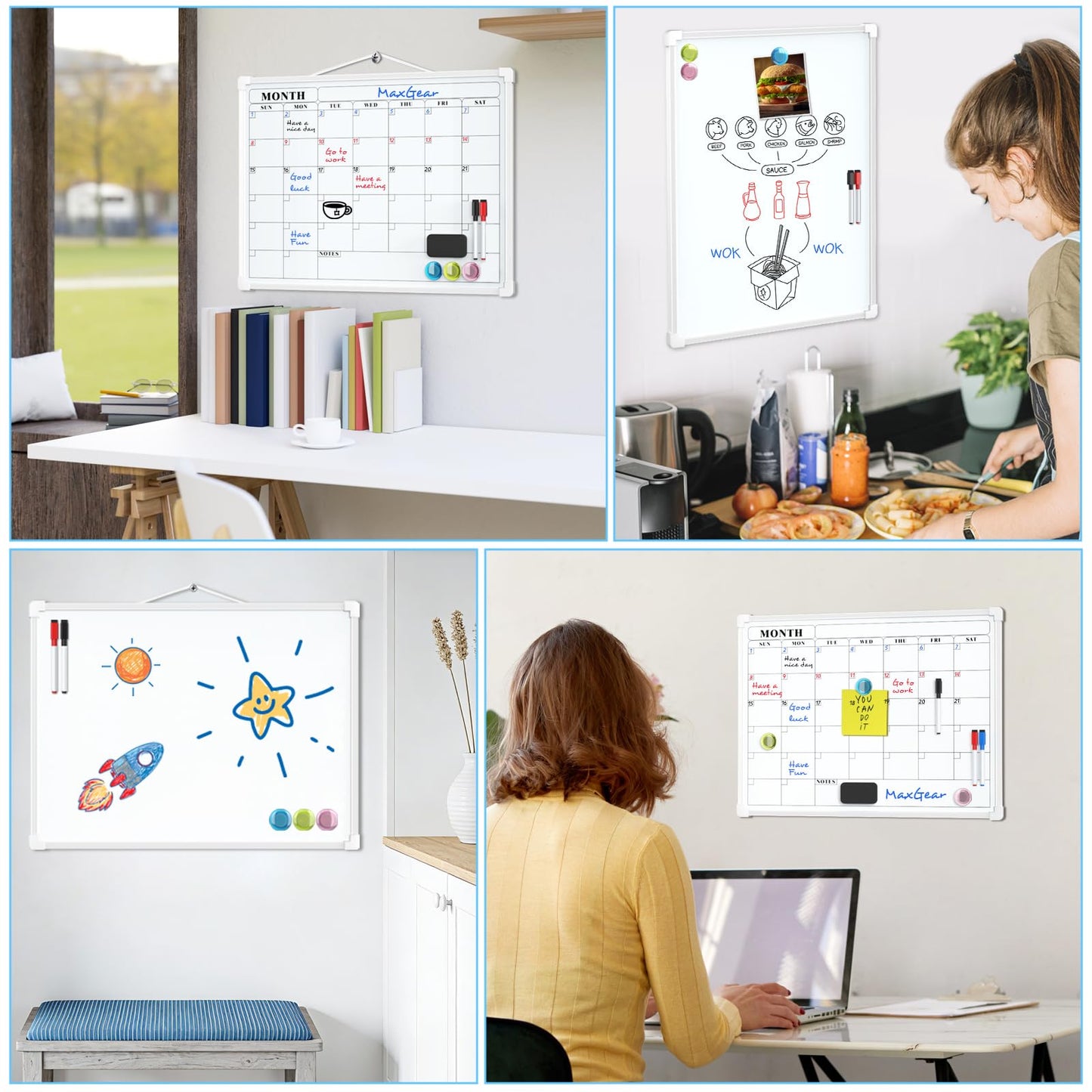 MaxGear Monthly Calendar Dry Erase Board for Wall, 16"x12" Small Hanging Double-Sided White Board, Portable Whiteboard for Planning, Drawing, Memo, to Do List, School, Home, Kitchen, Office