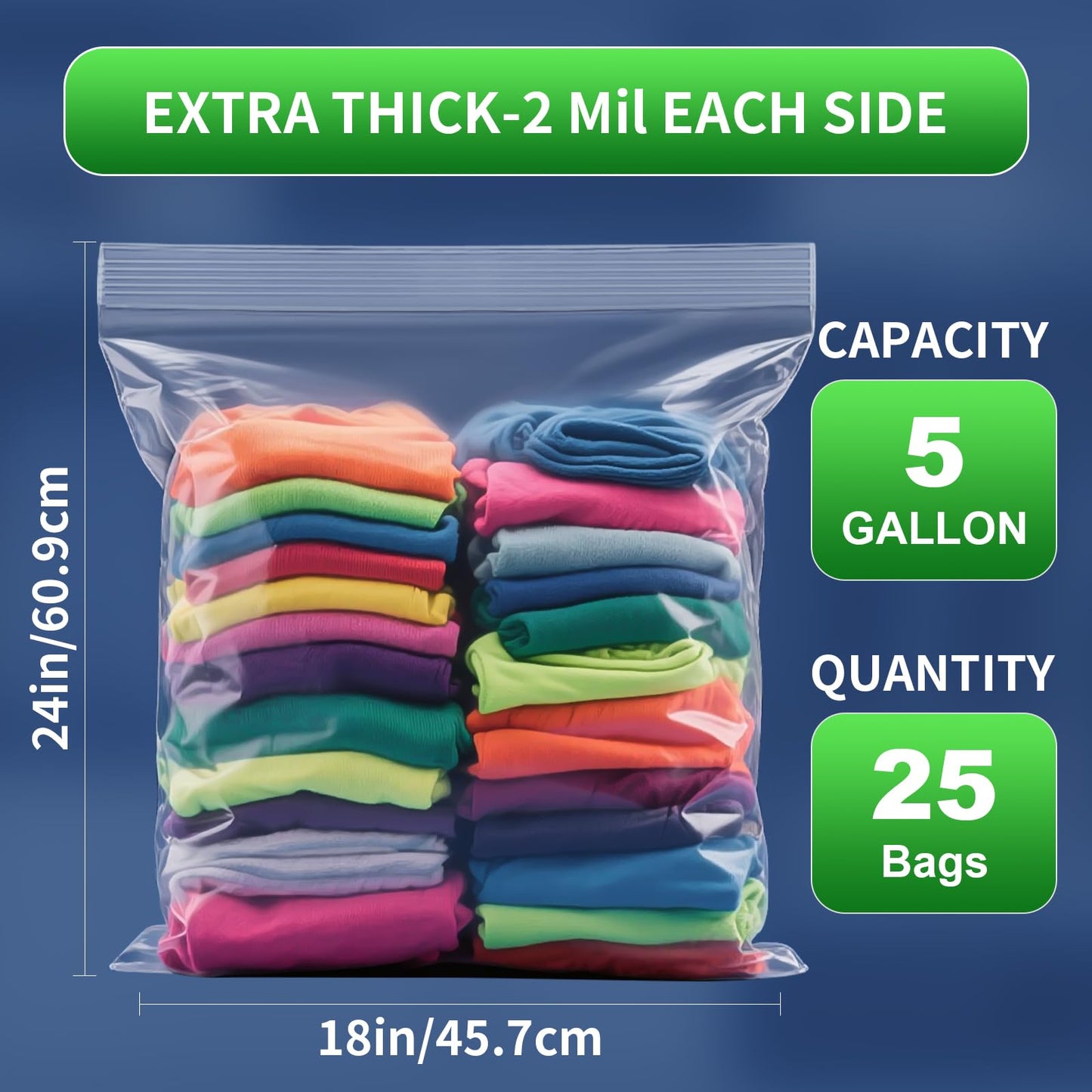 TUXIYA 25PACK 5 Gallon Large Zipper Bags for Storage 18 x 24 Inch, Large Clear Zipper Bags Reusable with Sealable Zippers Top for Clothes, Travel & Moving,Thick 4 Mil