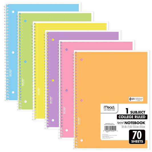 Mead Spiral Notebook, 6 Pack, 1 Subject, College Ruled Paper, 7-1/2" x 10-1/2", 70 Sheets per Notebook, Assorted Pastel Colors (830049)