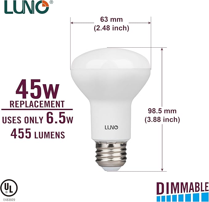 LUNO R20 Dimmable LED Bulb, 6.5W (45W Equivalent), 455 Lumens, 5000K (Daylight), Medium Base (E26), UL Listed (4-Pack)