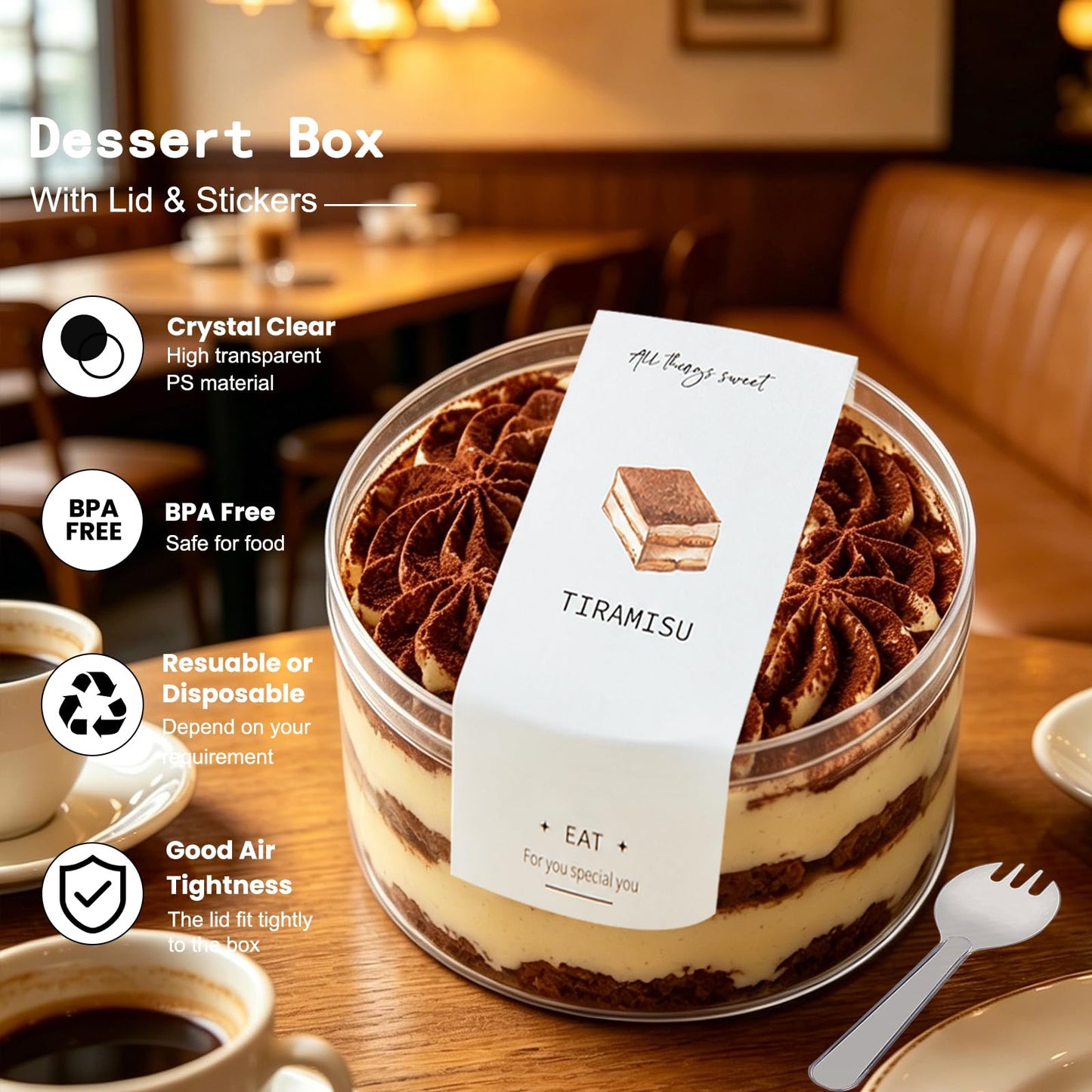 Plastic Dessert Cups with Lids and Sporks,Stickers,Tiramisu Containers,Cookie Containers,Clear Food Containers for Fruit,Pudding,Mousse, Tiramisu Cups With Lids (30pcs,Clear,3.66 * 3.66 * 2.36 in)