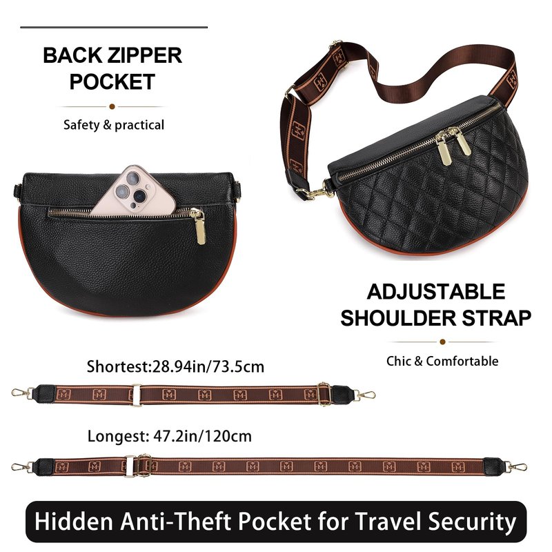 Eslcorri Fashion Waist Packs for Women - Quilted Vegan Fanny Packs Leather Waist Purse Anti Theft Crossbody Belt Bag for Sports Workout Traveling Running Casual - Black