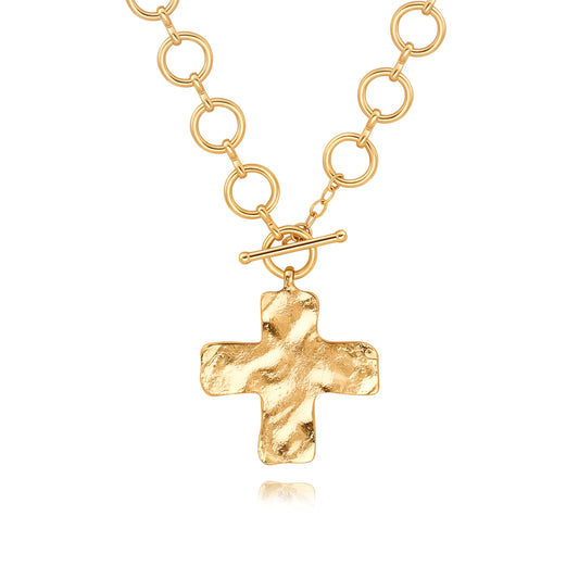 PEARLADA Chunky Big Cross Necklace for Women, Statement 18k Gold Plated Toggle Necklace Y2K Jewelry