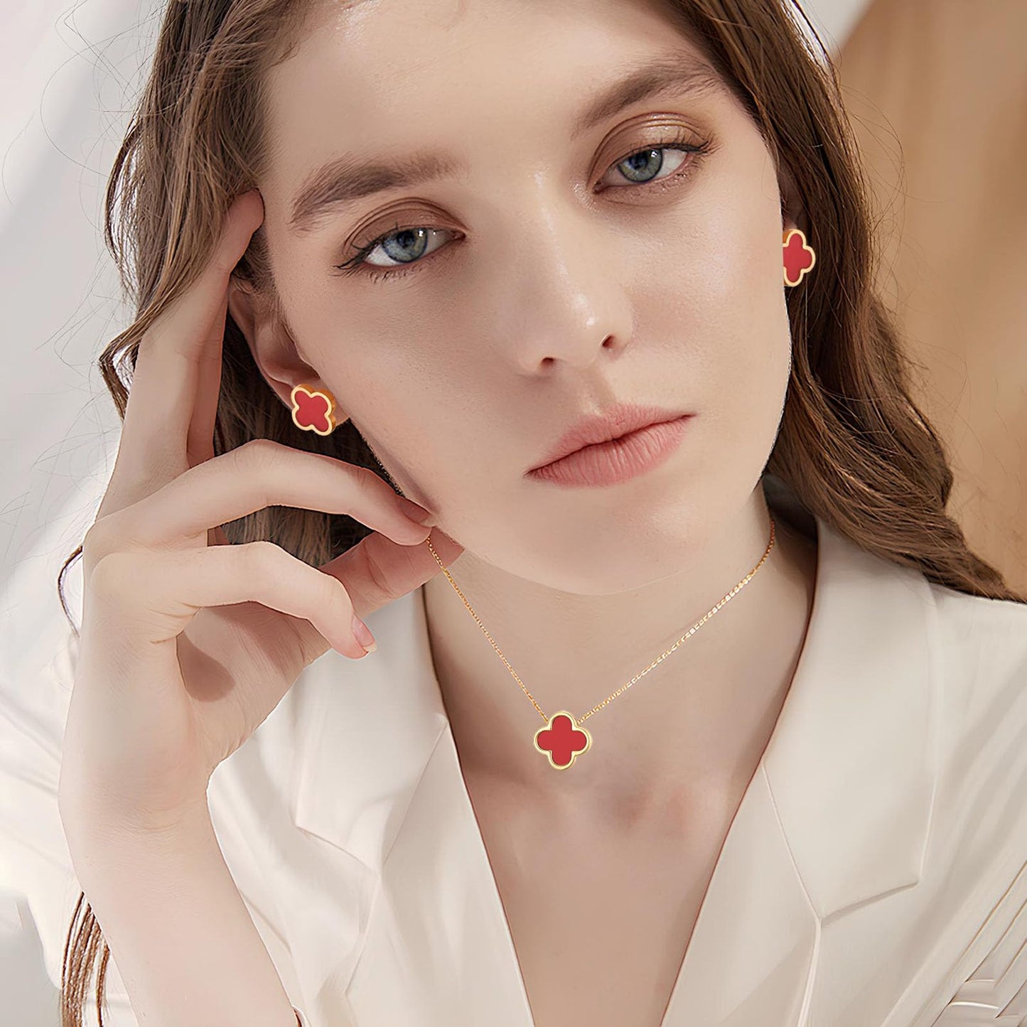 KYJAC Clover Jewelry Set - 18k Gold Plated Pendant Necklace and Stud Earrings - White, Black, Red Four Leaf Clover - Gifts for Women (Gold Red Set)