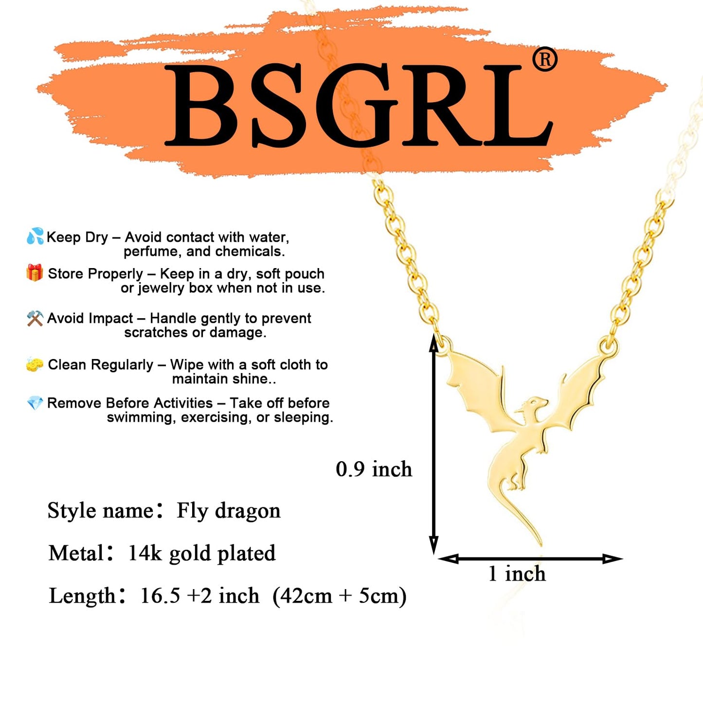 BSGRL Animal Necklace - 14K Gold Plated Flying Dragon Cute Animal Necklace for Women