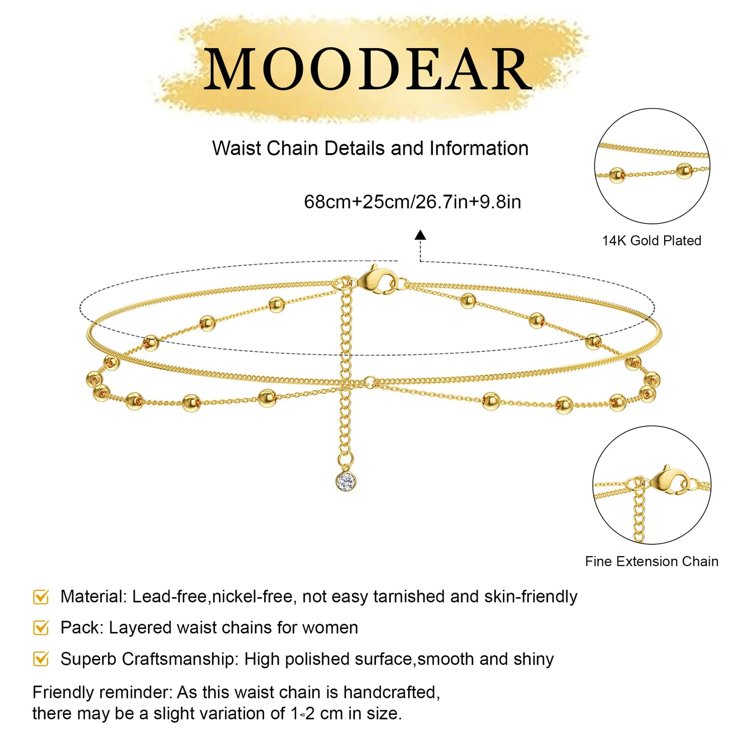 MOODEAR 14K Gold Plated Waist Chain for Women – Double Layered Belly Bead Body Chain Belt, Cuban Spacer Beads Design, Waterproof Summer Beach Jewelry for Bikini, Dress & Vacation