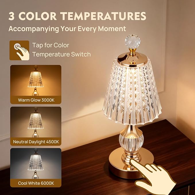 Vintage Gold Crystal Rechargeable Lamp Cordless, LED Touch Battery Operated Table Lamp, 3 Colors Dimmable Portable, Modern Home Decor, Bedroom, Bedside, Living Room, Kitchen, Diamond