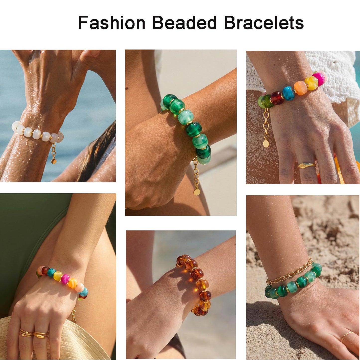 HolidayQbee Beaded Bracelets for Women Dainty Chunky Bracelet Green Beaded Boho Summer Bracelet Fashion Trendy Stone Beads Bracelet Beach Jewelry Gifts
