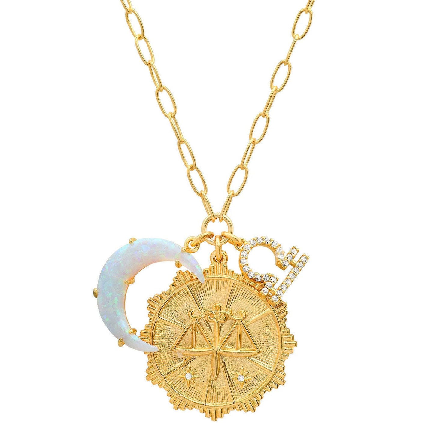 Lanadale Dainty Gold Libra Zodiac Coin Opal Crescent Moon Charm Necklace for Women Trendy 18K Gold Plated Retro Paperclip Chain 12 Constellation Horoscope Necklaces Astrology Jewelry Gifts
