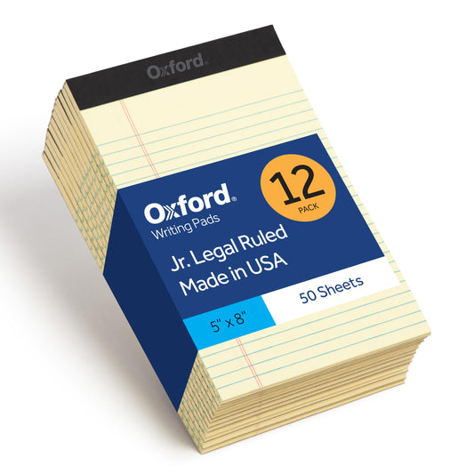 Oxford Premium Legal Pads, 12 Pack, Premium Note Pads, 50 Jr. Legal Ruled 5" x 8" Sheets, Canary Yellow Paper with Firm Back, Small Portable Notepads