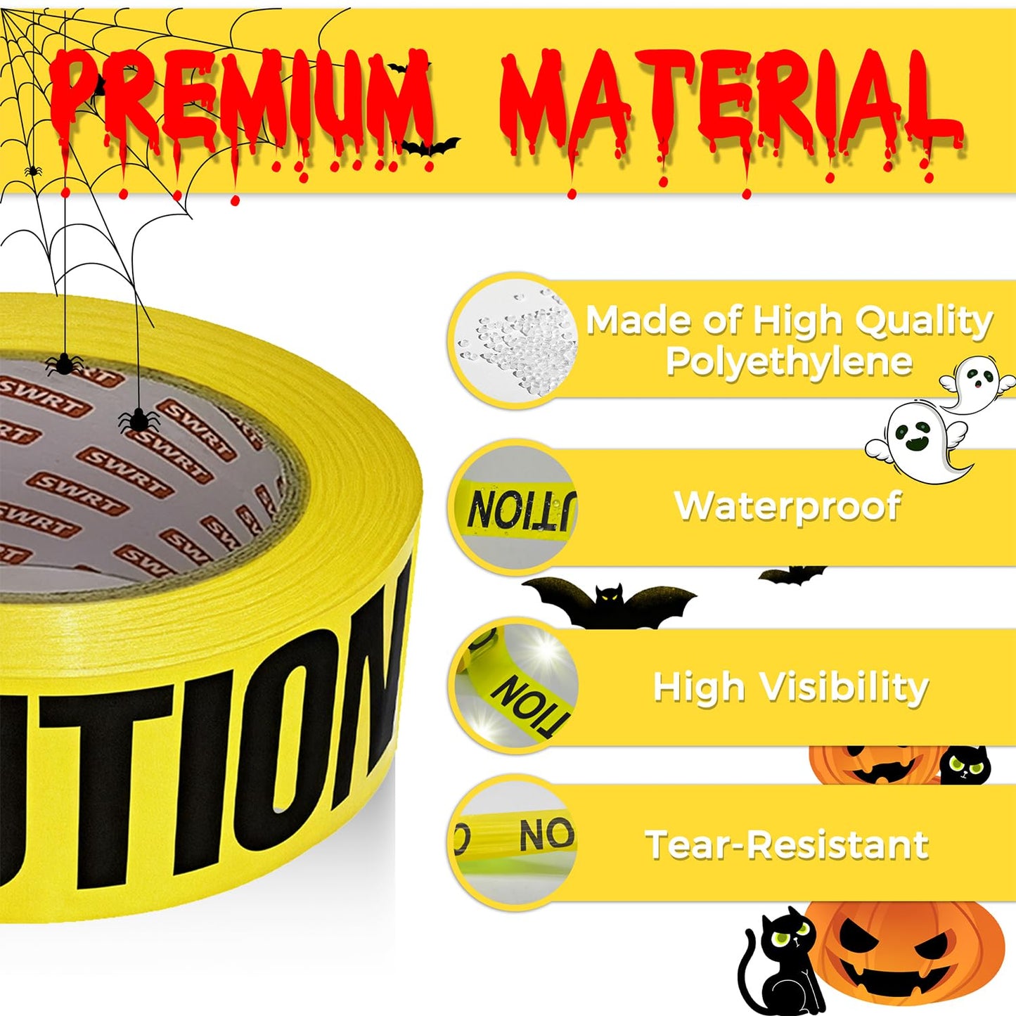 SWRT 3 Rolls Premium Yellow Caution Tape, 3 Inch x 1000FT(Total 3000FT) Bright Hazard Tape with Bold Black Text for Danger Zones/Sporting Events, Construction Tape for Crime Scenes/Halloween Decor