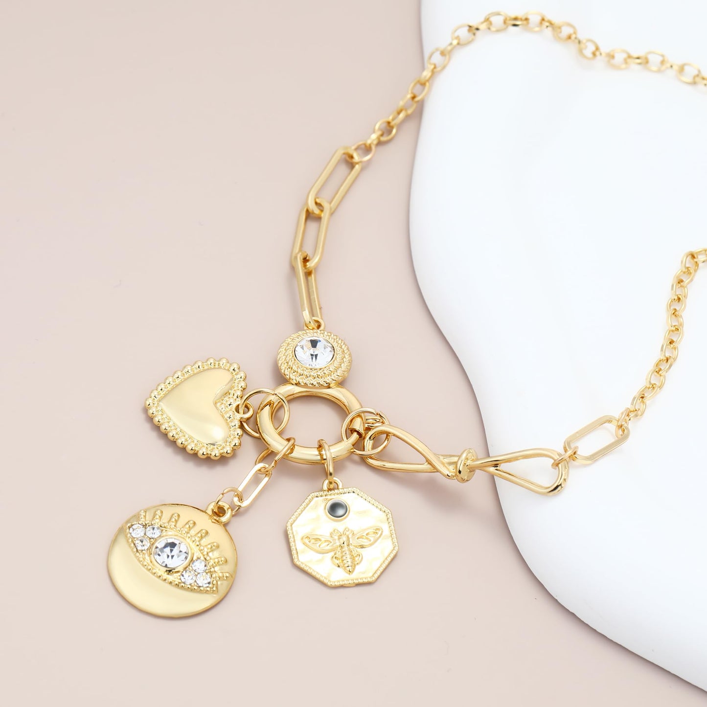 BONJOULRY Evil Eye Heart Coin Charm Necklace for Women Dainty Gold Plated Rhinestone Bowknot Pendant Protection Necklace Paperclip Chain Charms Necklaces Trendy Jewelry Bee Coin