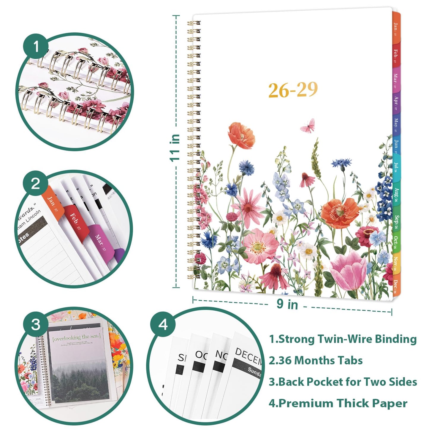 2026-2029 Monthly Planner - 3 year planner 2026-2029, Jul. 2026 - Jun. 2029, 3 Year Calendar 2026-2027-2028 monthly planner, 9" x 11", 36 Month Calendar with Colourful Tabs + Back Pocket - Flowers