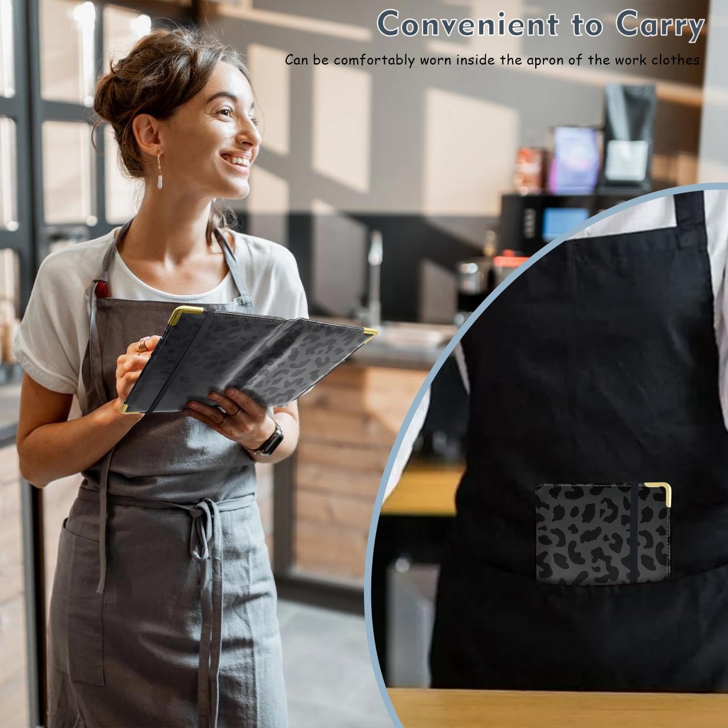 YeeCASE Server Book with Zipper Pocket, High Volume, Expandable Server Book, Money Pocket and Fold, Restaurant Waitstaff Organizer Fit Server Apron with High Volume Pocket (Leopard-Black)