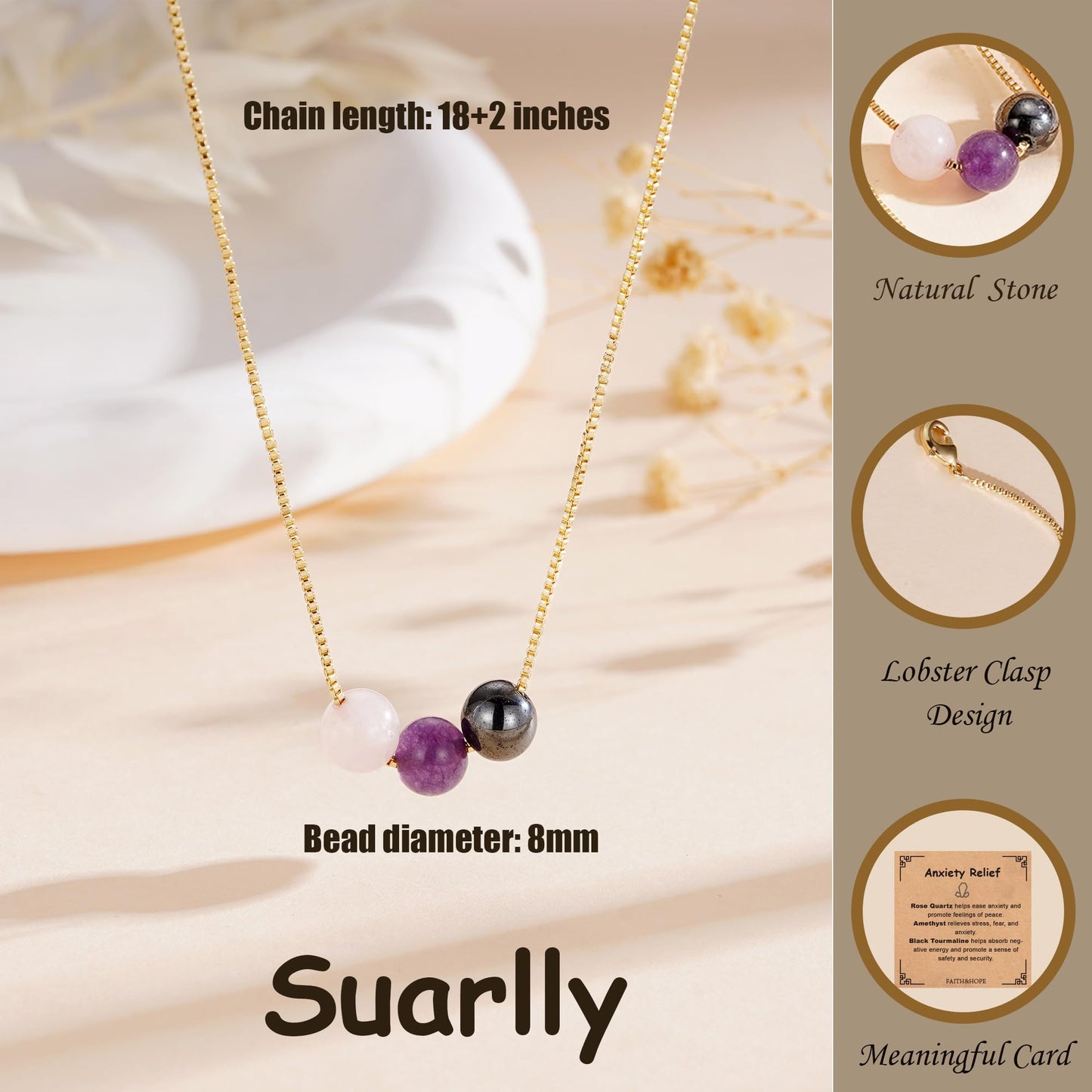 Suarlly Healing Crystal Necklace for Women 14k Plated Gold Beaded Necklace Tiger Eyes Relief Triple Protection Good Luck Gifts for Friends Sister Mom Daughter Jewelry