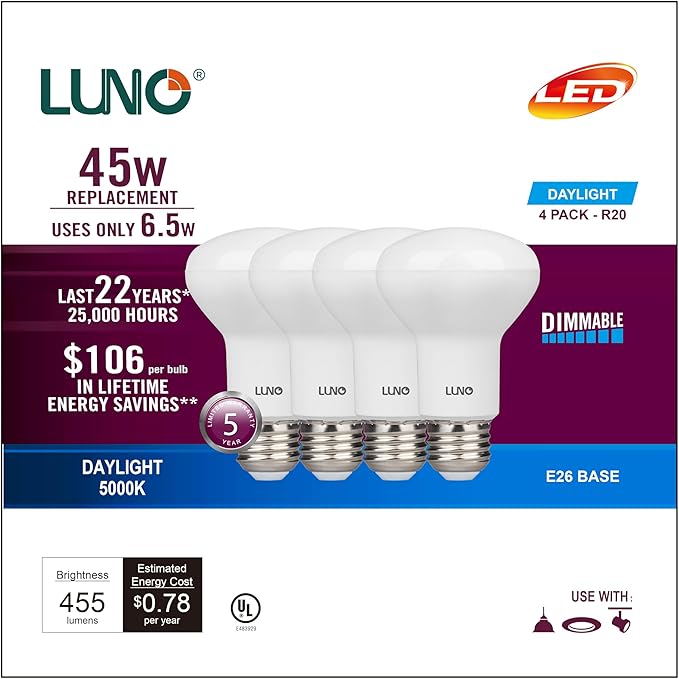 LUNO R20 Dimmable LED Bulb, 6.5W (45W Equivalent), 455 Lumens, 5000K (Daylight), Medium Base (E26), UL Listed (4-Pack)