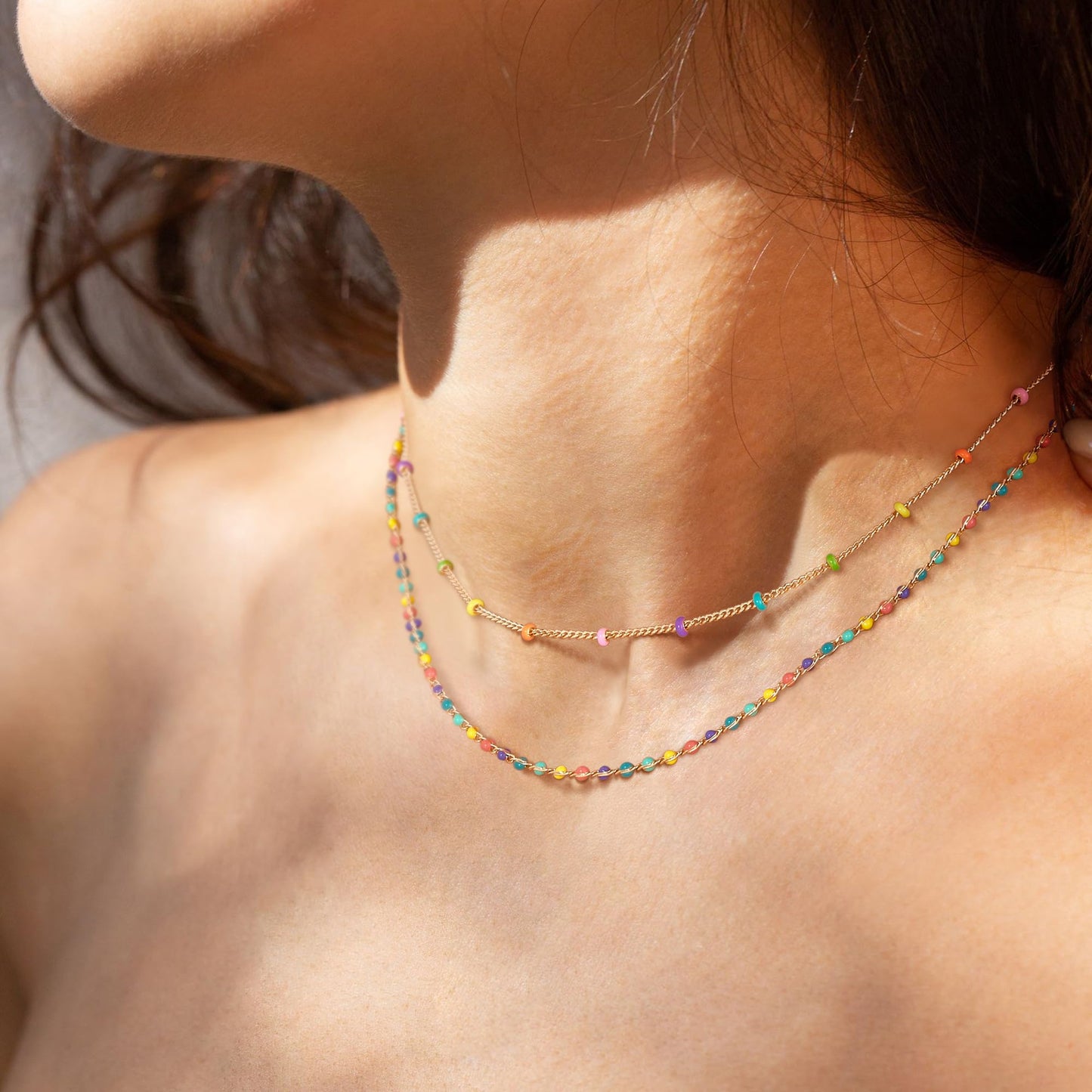 MTMY Beaded Necklaces for Women 14K Gold Plated Dainty Colorful Green/Rose Beaded Pearl Choker Necklace Delicate Boho Choker Necklace Jewelry Gift (Layer-colorful beads)