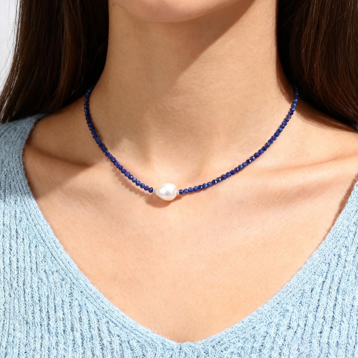Pearl Necklaces for Women, Single Pearl Necklace Natural Gemstone Bead Choker Lapis Lazuli Necklace Dainty Pearl Beaded Necklace Handmade Jewelry Christmas Gift Birthday Anniversary 18 inch