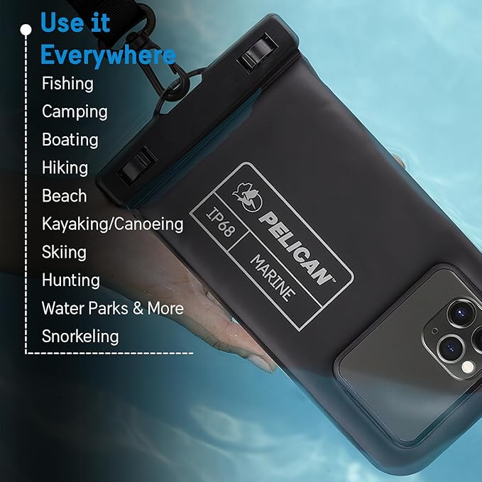 Pelican Marine - IP68 Waterproof Phone Pouch (Regular Size) Floating Waterproof Phone Case - Beach Cruise Ship Travel Essentials - Works with All Phones - Detachable Lanyard - Black